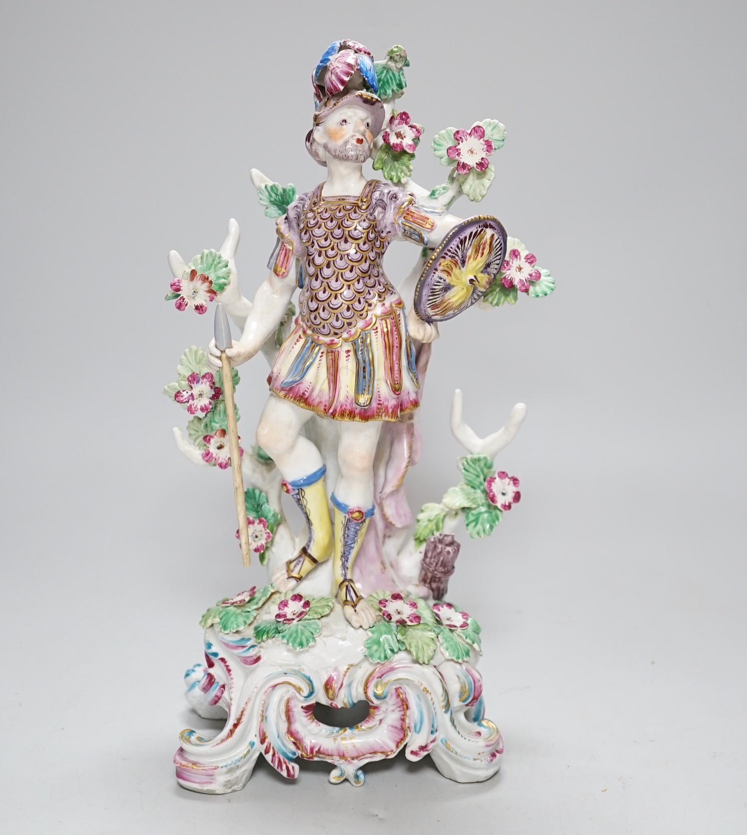 A Bow porcelain figure of a gladiator, c.1765-70, 30cm high